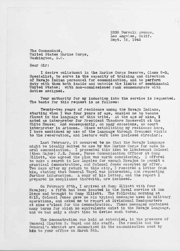 September 12, 1942 letter proposing to enlist Navajo personnel for communication in the Marine Corps