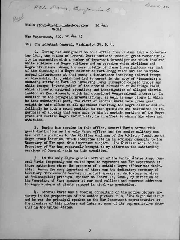 January 20, 1942 Memorandum awarding General Benjamin Davis the Distinguished Service Medal -- Page 1