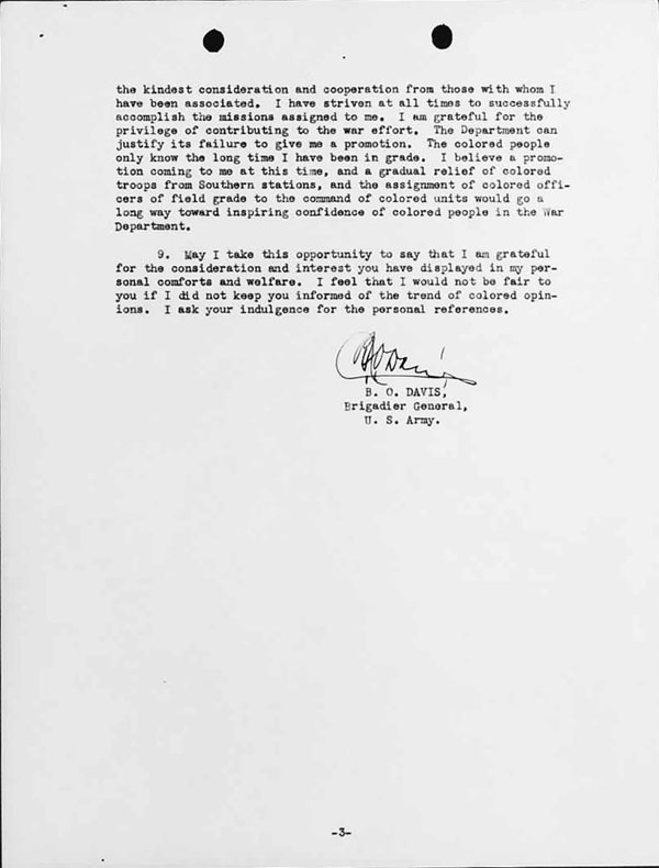 November 9, 1943 Memorandum from General Benjamin Davis regarding his visits with colored troops at several bases -- Page 3