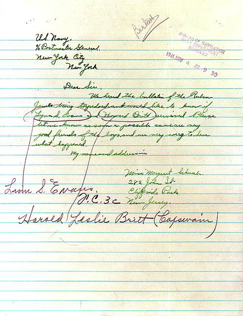 Civilian letter inquiring about sailors aboard the U.S.S. Reuben James 