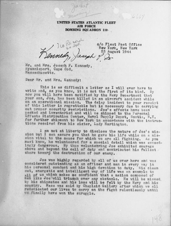 Page 1 of August 23, 1944 condolence letter to the parents of Lt. Joseph Kennedy, Jr.,