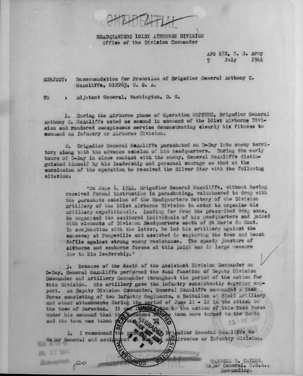 July 9, 1943 Memorandum recommending promotion for Brig. Gen. Anthony McAuliffe