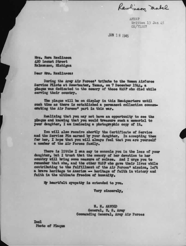 January 13, 1945  letter to the mother of Mabel V. Rawlinson, WASP pilot killed in the line of duty