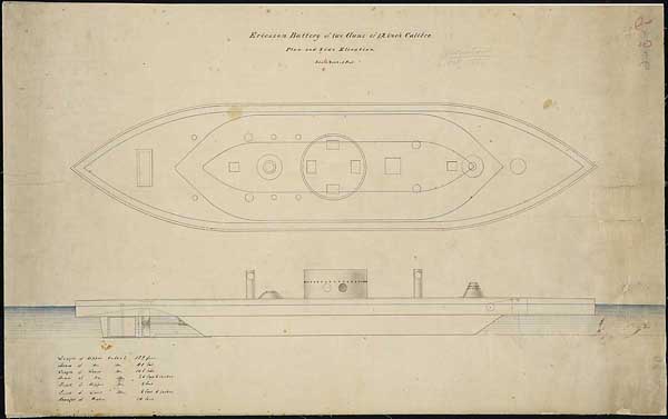 "Ericsson Battery of Two Guns of 12 inch Calibre.  Plan and Side Elevation." U.S.S. Monitor