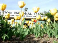 Washington National Records Center building with tulips in front.
