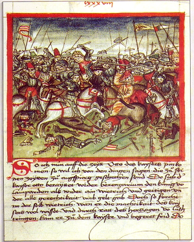 Illustrated manuscript page depicting of Battle of Lechfeld