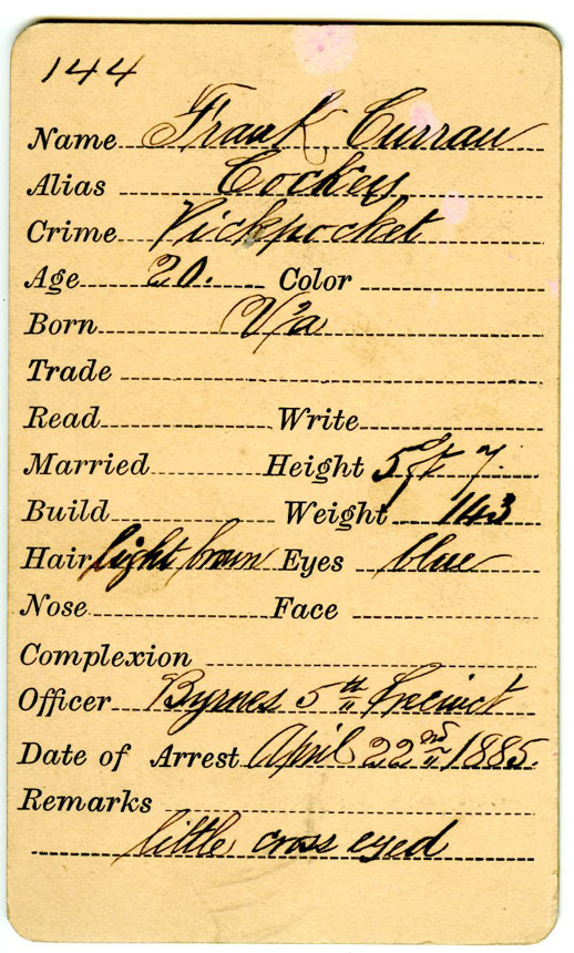text on the back of a police identifiation photograph of Frank C Curran