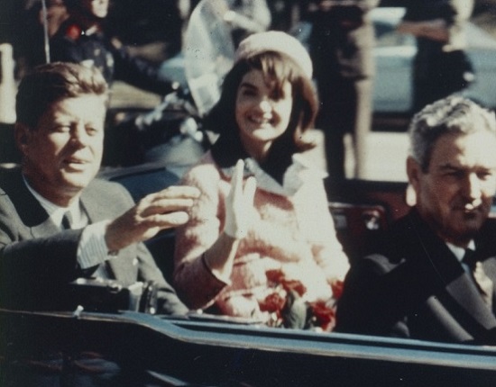 President and Mrs Kennedy in motorcade in Dallas, 1963