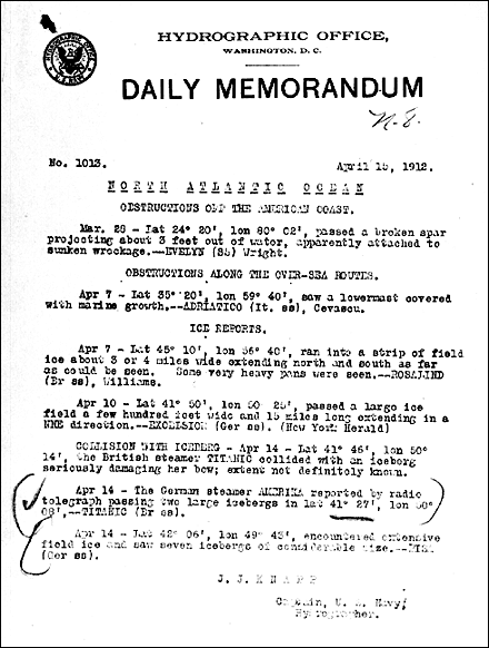 U.S. daily memorandum, April 15, 1912