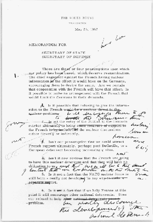First page of May 25, 1962 memo to Secretaries of State and Defense, with Kennedy's handwritten changes