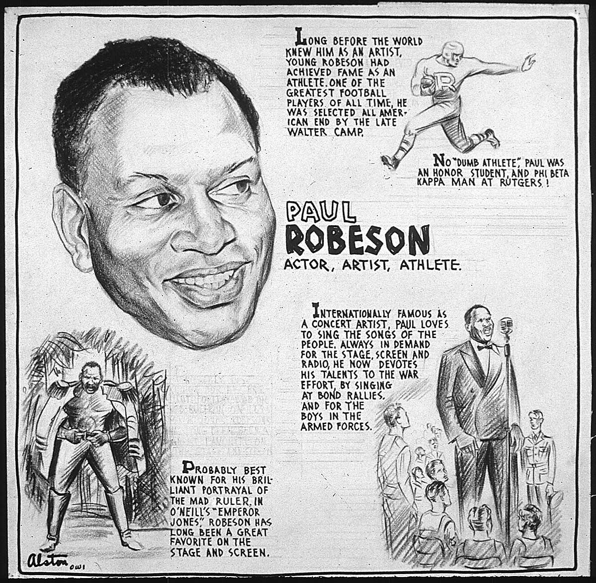 drawing of Robeson as actor, artist, athlete