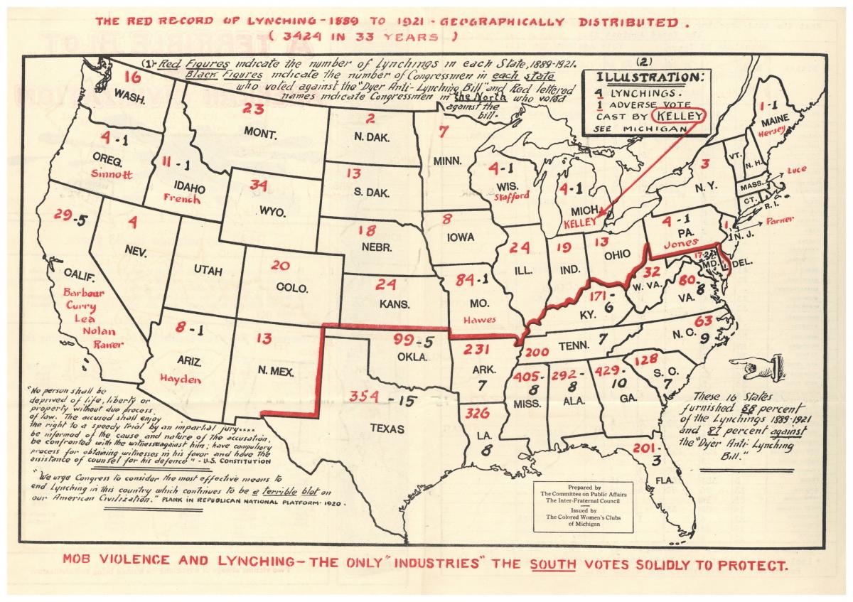 map of the US showing distribution of lynchings by state with annotations of Northern congressman that voted against anti-lynching bill