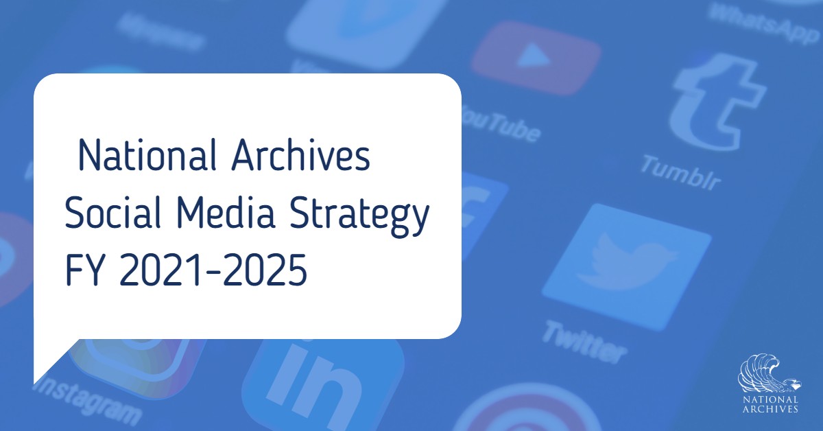 Close up image of phone screen with various social media apps shown. A White text bubble that says " Social Media Strategy FY 2021-2025" is overlaid over the phone screen.
