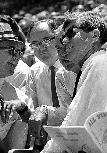 President Kennedy at an All-Star baseball game with Senators Hubert Humphrey (D-Minnesota) and Stuart Symington (D-Missouri), July 1962.