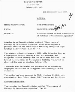 Executive Order enacting the Uniform Monday Holiday Bill in 1971