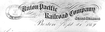 Letter head: Union Pacific Railroad Company, 1869