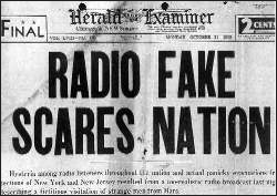 newspaper headline Radio Fake Scares Nation