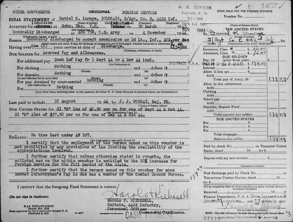 Second  Lt. Daniel K. Inouye Discharge Papers