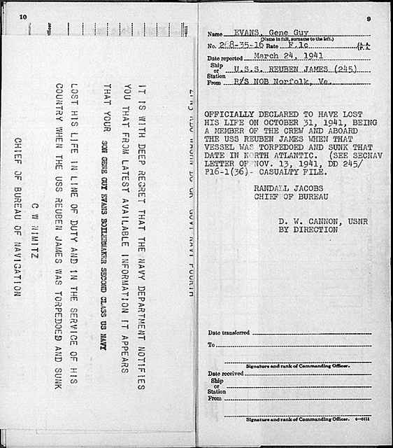 Telegram notifying next of kin about the death of Gene G. Evans, sailor aboard the  U.S.S. Reuben James 