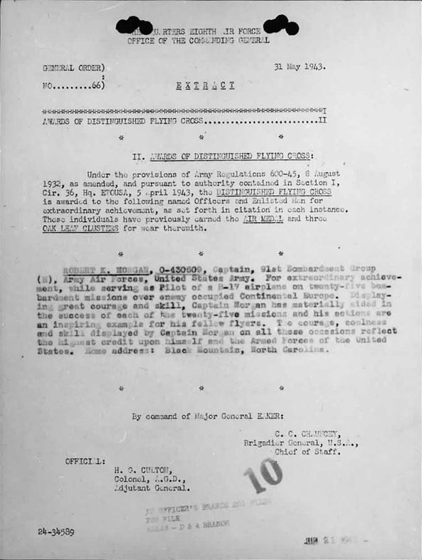 May 31, 1943 Letter Awarding  the Distinguished Flying Cross to Capt. Robert Morgan and the crew of the Memphis Belle