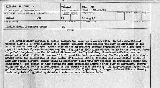 August 18, 1945 certificate awarding  Col. Paul W. Tibbets, Jr. the Distinguished Service Cross