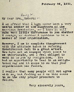 First Lady Eleanor Roosevelt's letter of resignation from the DAR after DAR refused use of Constitution Hall to Marian Anderson