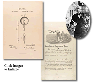 Collage of Thomas A. Edison's Patent Application For an incandescent light bulb