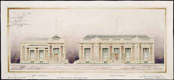 "Front and Side Elevations, U.S. Post Office, Muskegon, Michigan"