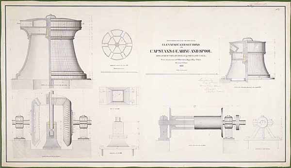 "Elevation and Sections of the Capstans, Gearing and Spool, New locks of the Louisville & Portland Canal"