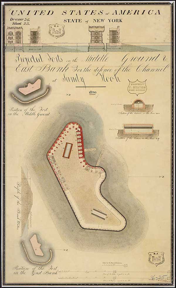 "Projected Forts on the Middle Ground and East Bank for the defence [sic] of the Channel at Sandy Hook" 