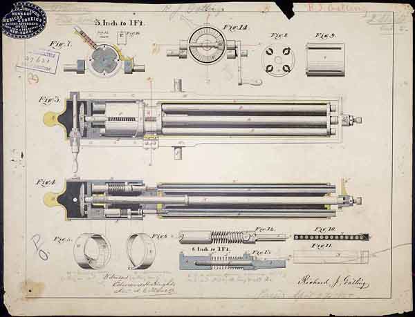 The Gatling Gun Patent Drawing
