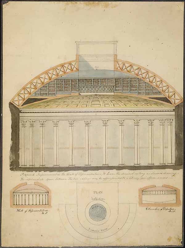 "Proposed Improvement in the Hall of Representatives, to lower the domical ceiling as shown in drawing. "