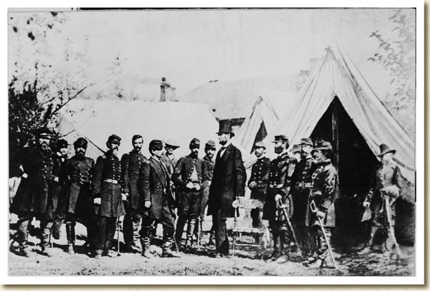 President Abraham Lincoln meeting soldiers following the Battle of Antietam