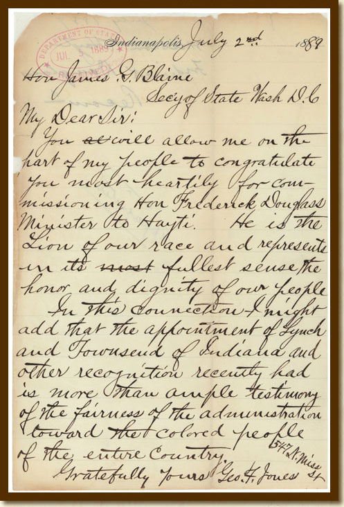 Letter from George Jones to James G. Blaine Recommending Frederick Douglass as United States Minister to Haiti