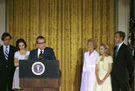 President Richard Nixon, flanked by his family, delivering his farewell remarks to the White House staff in the East Room of the White House, photograph by Karl Schumacher, August 9, 1974