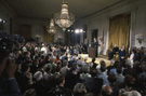 President Ford delivering remarks in the East Room of the White House moments after being sworn in, photograph by David Hume Kennerly, August 9, 1974