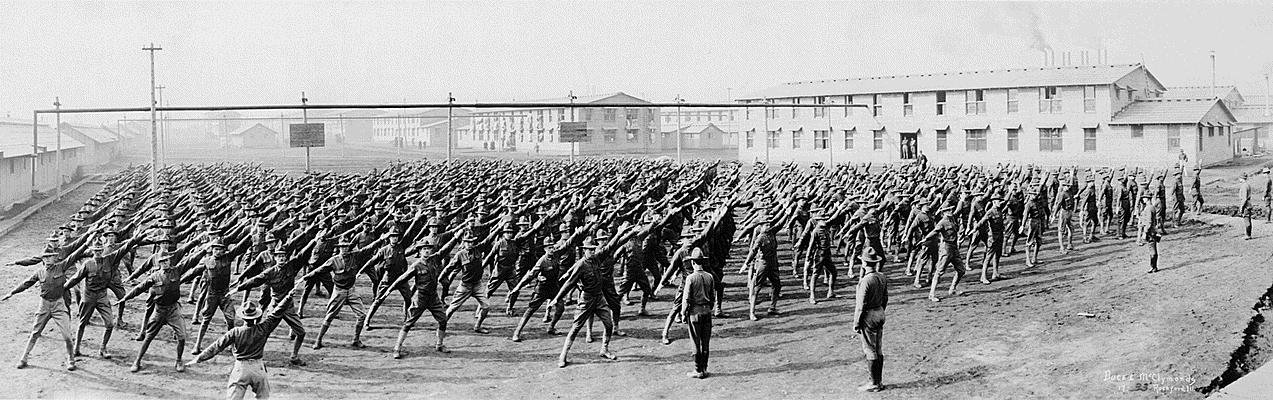 View of soldiers from the 331st Machine Gun Battalion performing exercises at Camp Grant in Rockford, Illinois