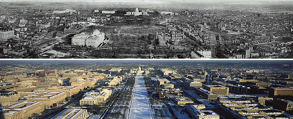 "View of Washington. Looking East from Washington Monument", Below the Brown photograph is a comparison photograph taken by Richard Schneider of NARA's Preservation Branch in January 1996