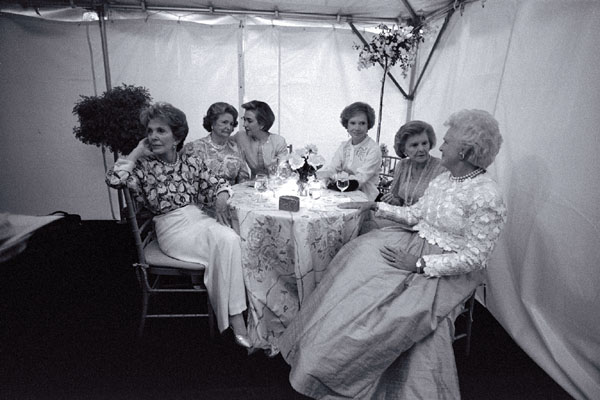 "First Ladies Nancy Reagan, Ladybird Johnson, Hillry Rodham Clinton, Rosalyn Carter, Betty Ford, and Barbara Bush..."