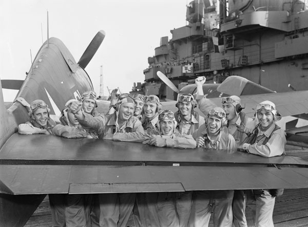 "Pilots pleased over their victory during the Marshall Islands attack..."