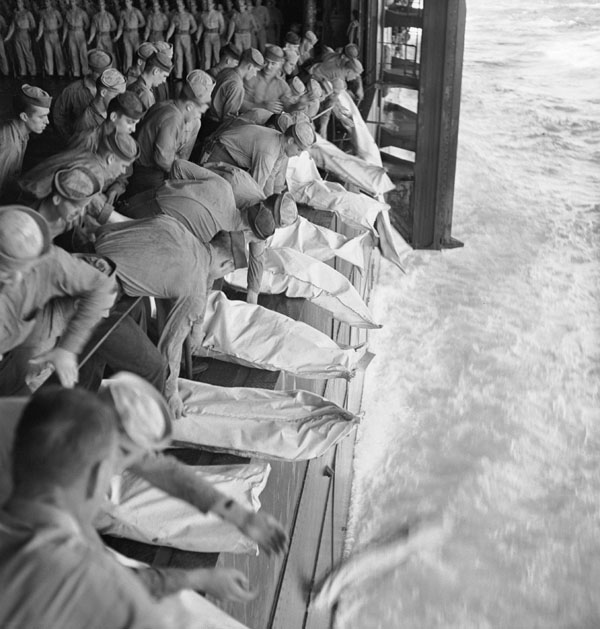"Burial at sea for the officers and men of the USS Intrepid...."