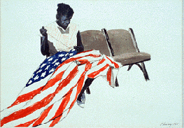 Untitled painting of a black woman sewing 

                an American flag