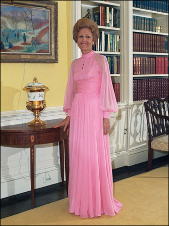 Formal portrait of First Lady Pat Nixon in the Yellow Oval Room of the White House, 1972.