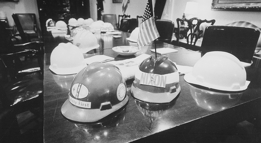 Hard hat presented to Nixon after riots, May 8, 1970.