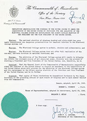 Resolutions of the Commonwealth of Massachusetts to amend the Constitution to abolish the electoral college and establish direct popular election of the President.