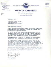 Letter from San Francisco Board of Supervisor Member Harvey Milk to President Jimmy Carter