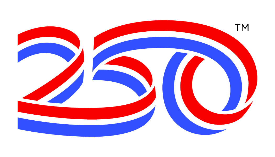 America 250 logo with red, white, and blue ribbon-style design