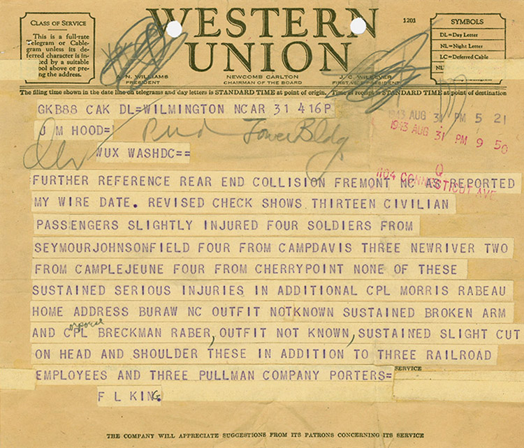 Western Union Telegram with Reference to Rear End Train Collision