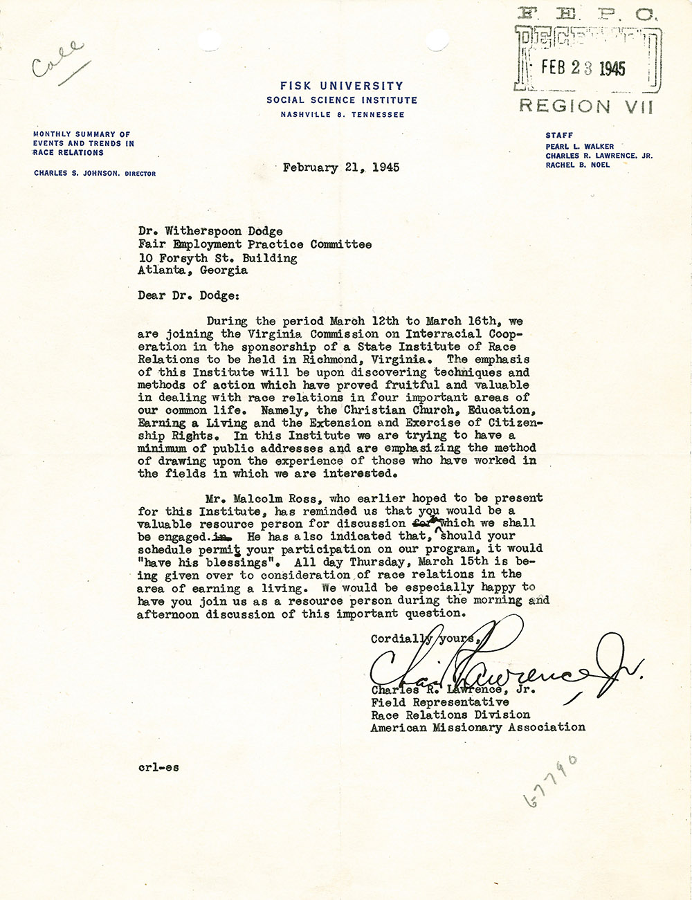 Letter Concerning Race Relations Institute
