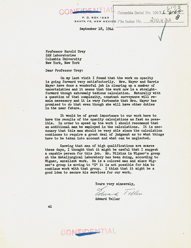 Edward Teller Letter Concerning Black Mathematician
